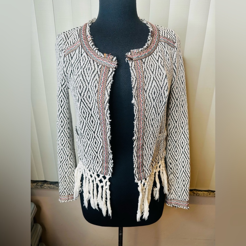 Miss Me Long Sleeve Cardigan Boho Fringe-Hem Pocket Embroidery-Trim Size Small